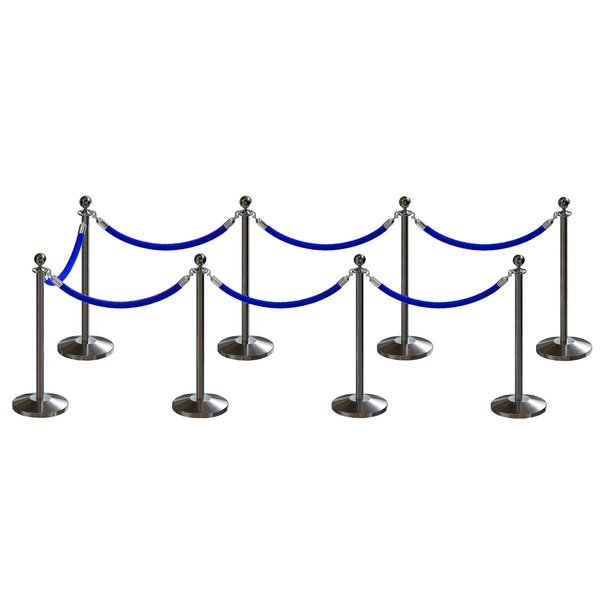 Montour Line Stanchion Post and Rope Kit Sat.Steel, 8 Ball Top7 Blue Rope C-Kit-8-SS-BA-7-PVR-BL-PS